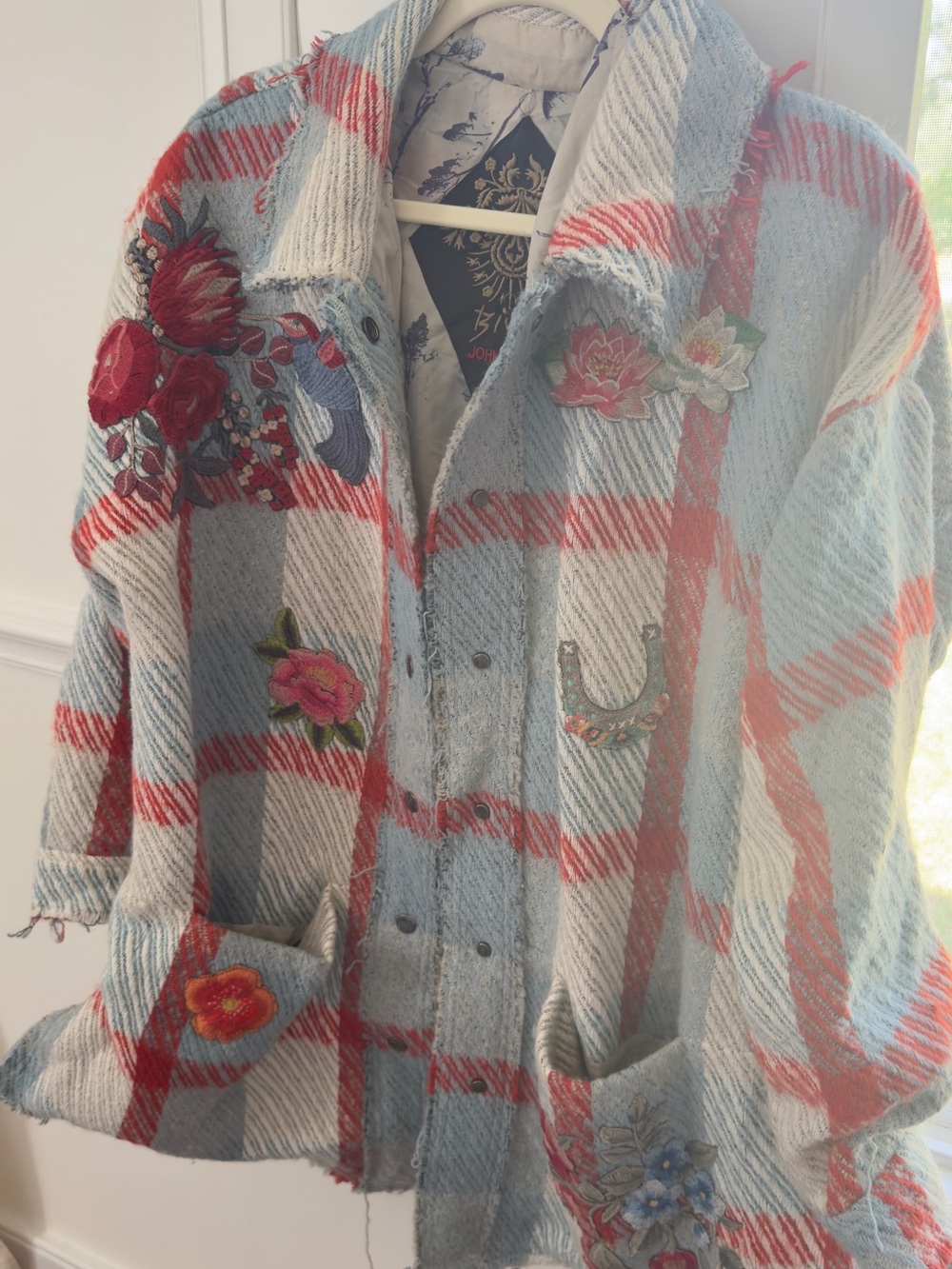 JOHNNY WAS WORKSHOP Embroidered Plaid Wool Shacket XL